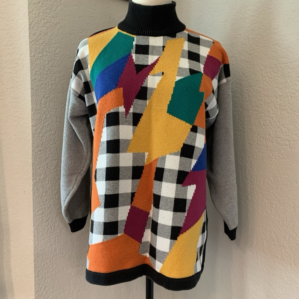 Vintage 80s Geometric Abstract Checkered Mock Neck Sweater Multicolor OS
